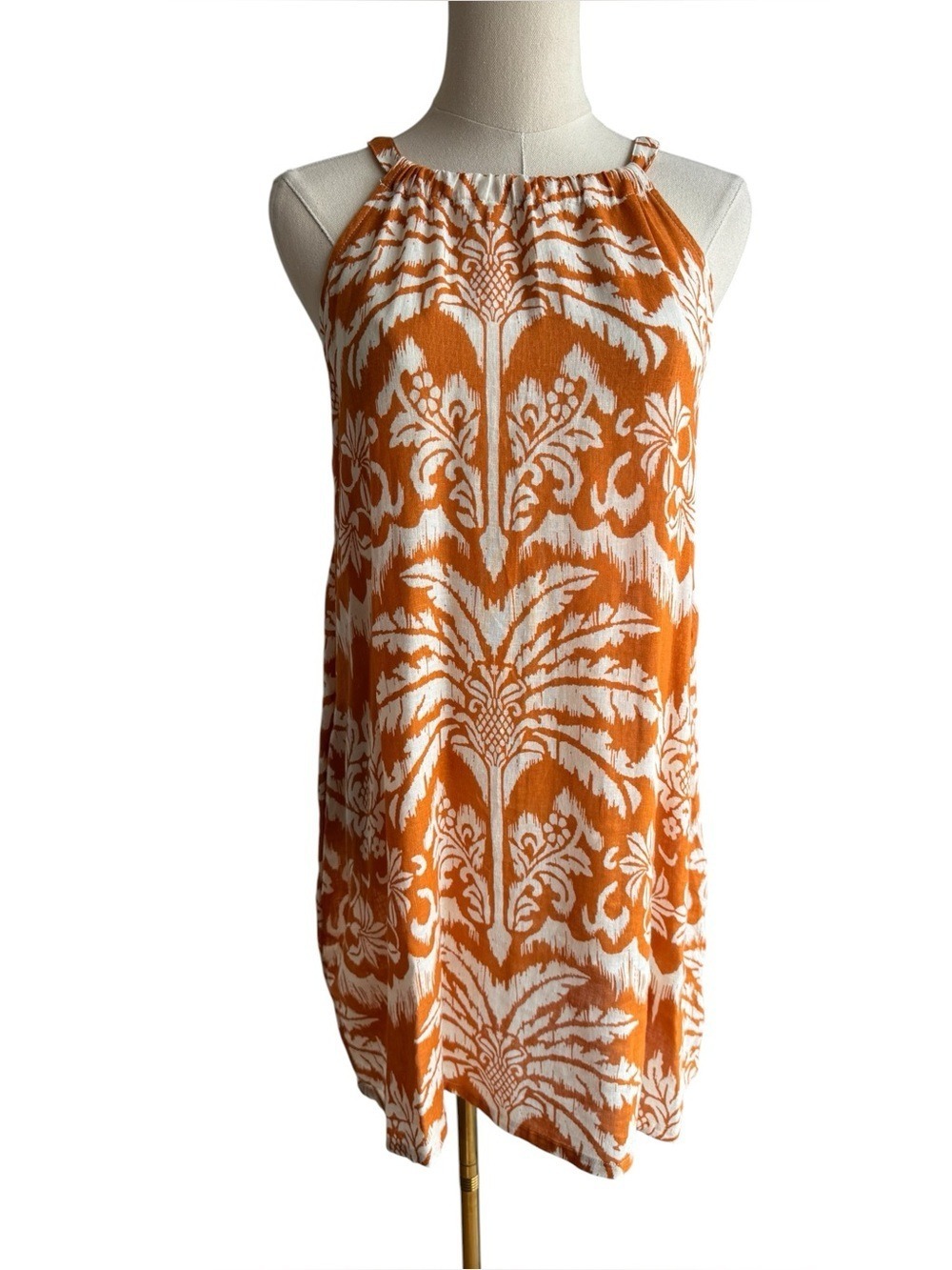 Rachel Zoe Tropical Linen Blend Dress XS Mustard Floral Vacation Beach Boho Cute